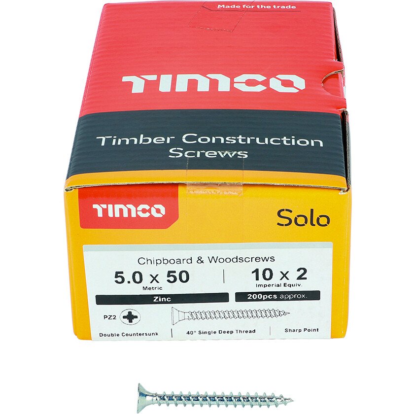 5.0mm x 50mm Solo Woodscrew PZ2 CSK - BZP (Box of 200) 50050SOLOZ Timco