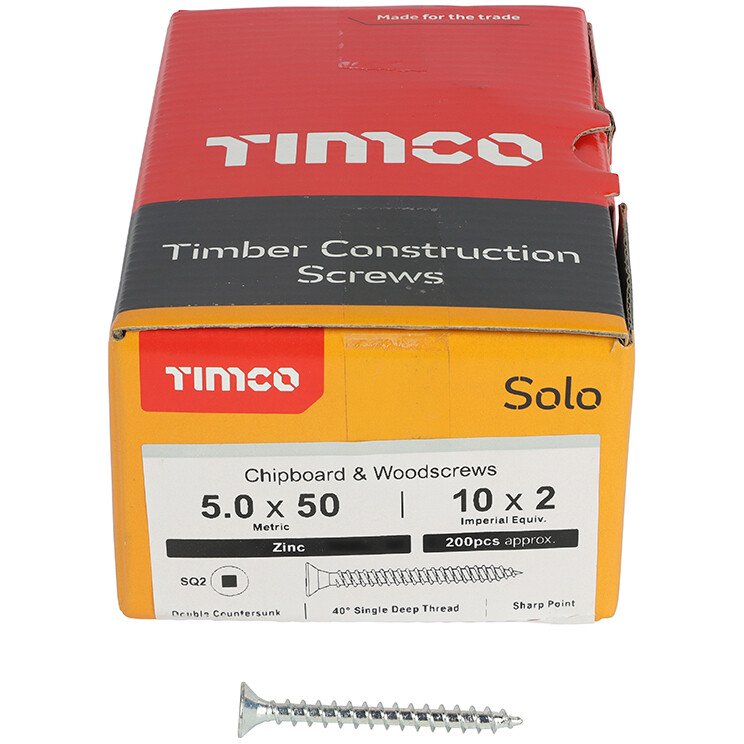 5.0mm x 50mm Solo Woodscrew SQ2 CSK - BZP (Box of 200) 50050SQSZ Timco