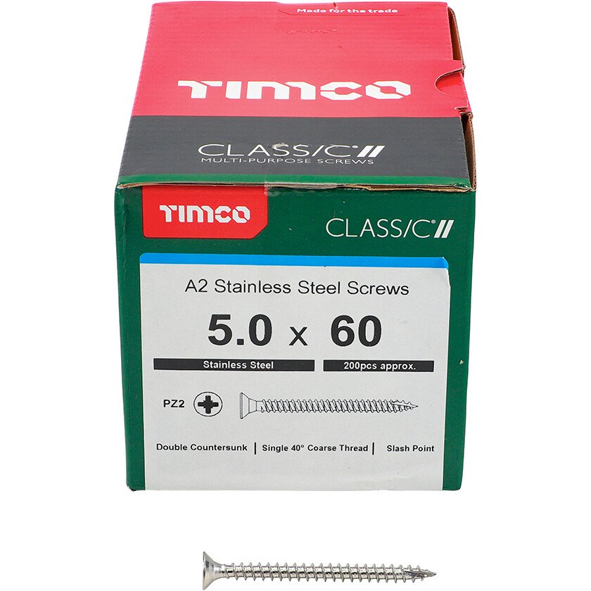 5.0mm x 60mm Classic Screw PZ2 CSK - A2 S/S (Box of 200) 50060CLASS Timco