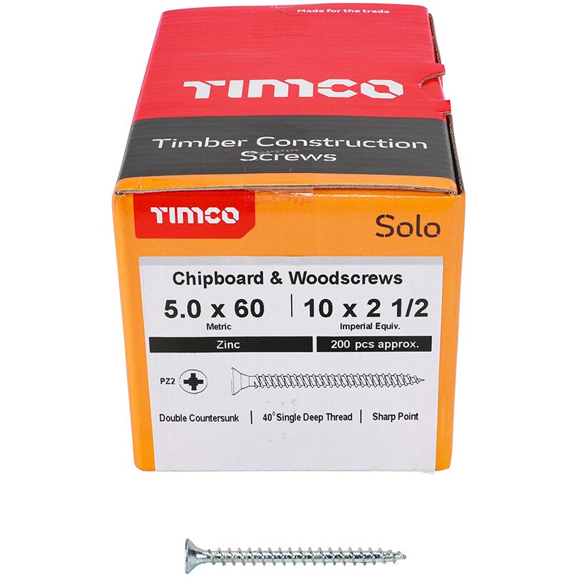 5.0mm x 60mm Solo Woodscrew PZ2 CSK - BZP (Box of 200) 50060SOLOZ Timco