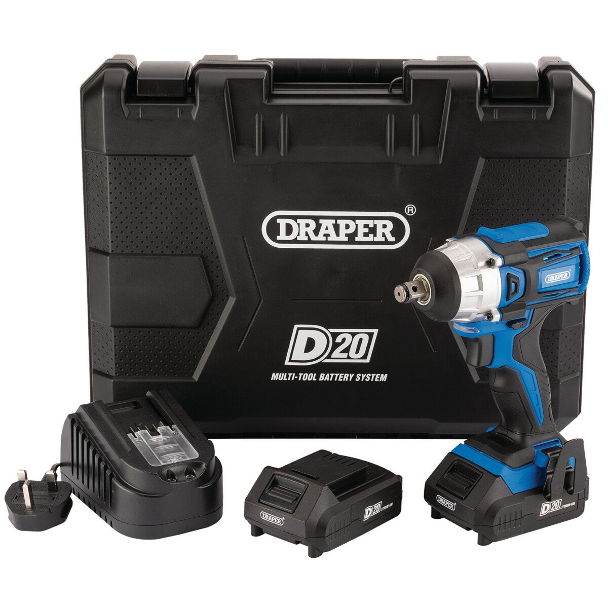 Draper 55343 D20IW250SET D20 20V Brushless 1/2" Mid Torque Impact Wrench with 2 x 2Ah Batteries and Charger (250Nm)