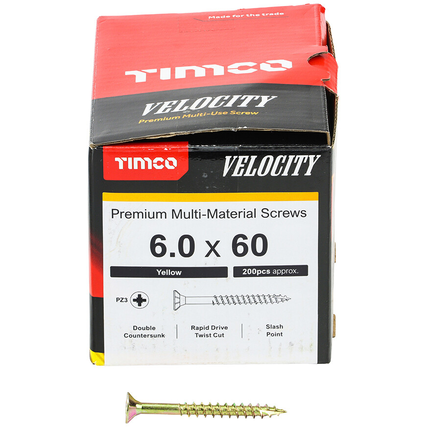 6.0mm x 60mm Velocity Screw PZ3 CSK - ZYP (Box of 200) 60060VY Timco