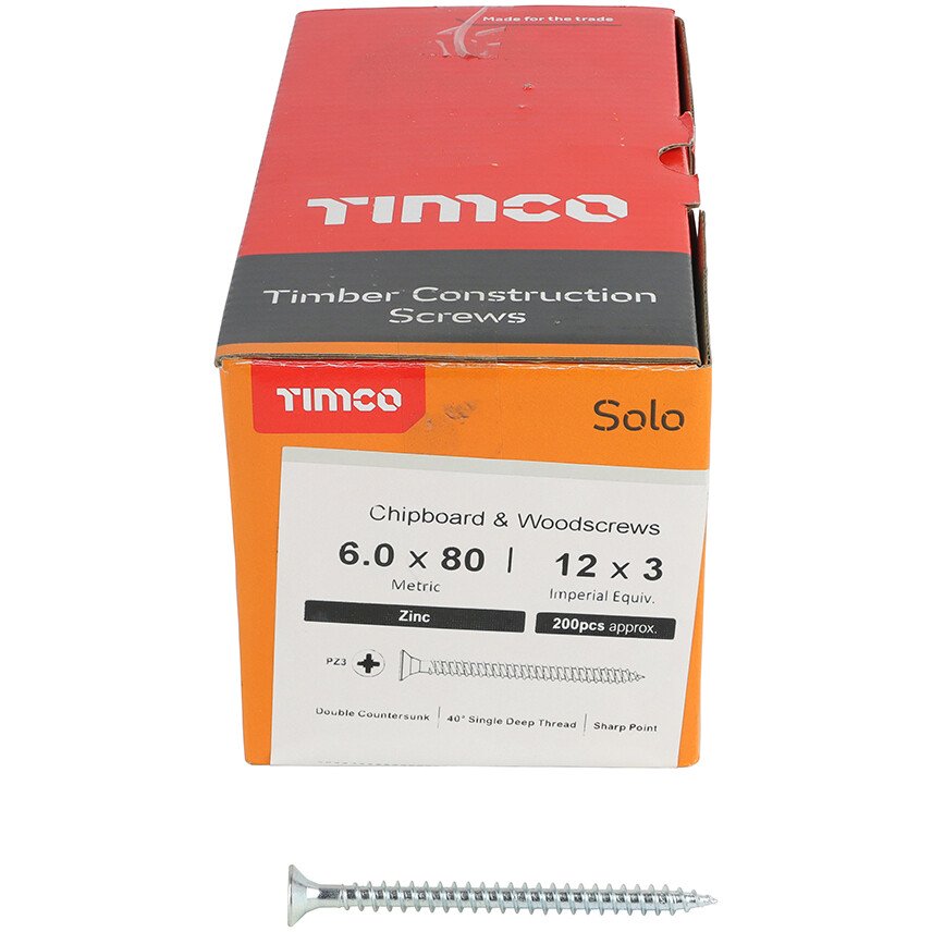 6.0mm x 80mm Solo Woodscrew PZ3 CSK - BZP (Box of 200) 60080SOLOZ Timco