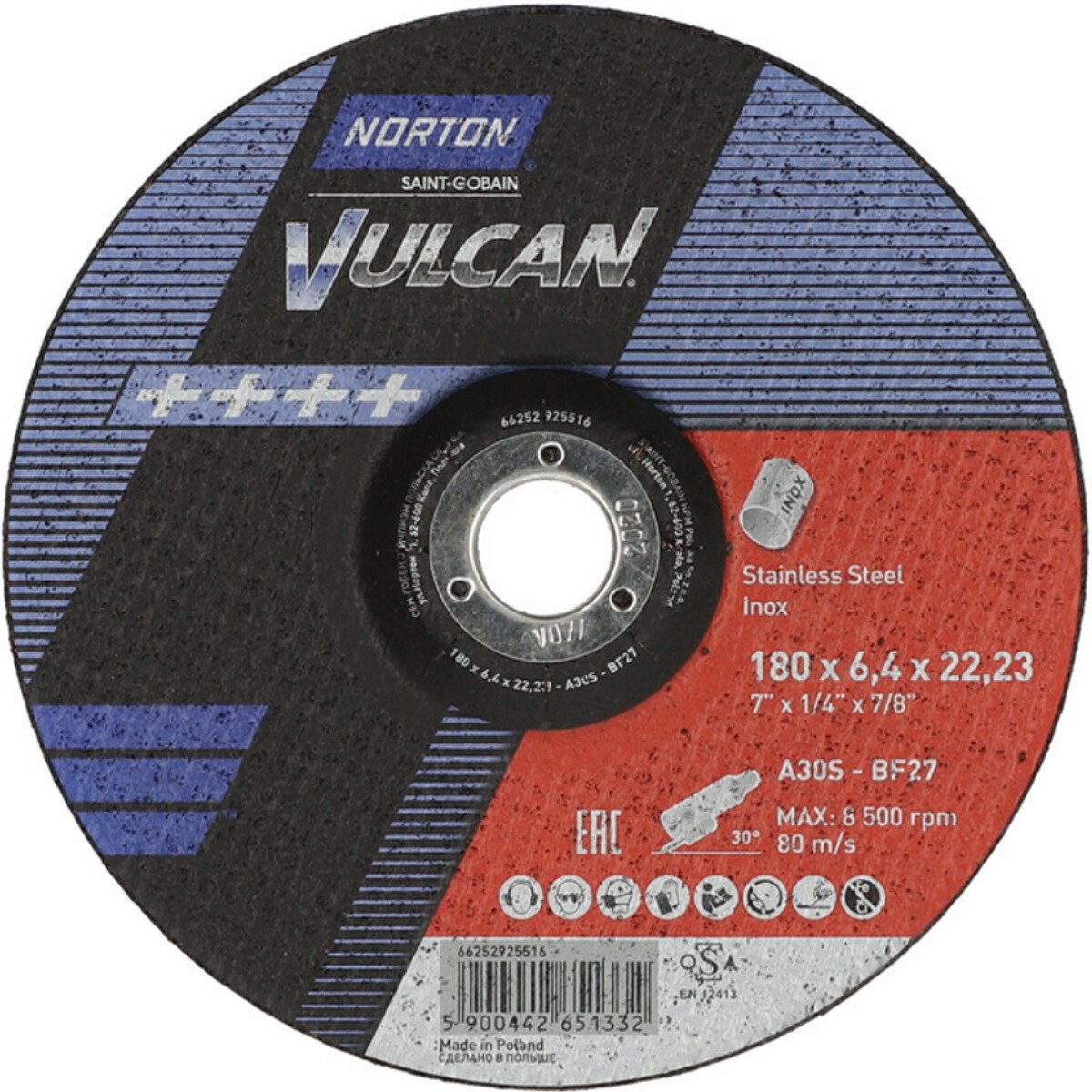 Norton 66252925516 Vulcan Grinding Disc 180 x 6.4mm x 22.2 A30S Inox