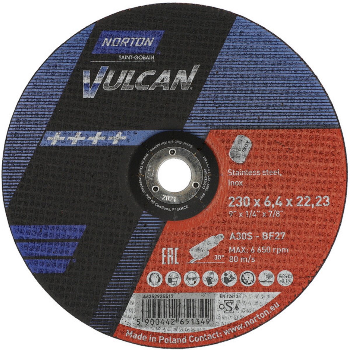 Norton 66252925517 BDX Grinding Disc Vulcan Inox T27-230x6.4x22.2-A30S-BF  (Pack 10)