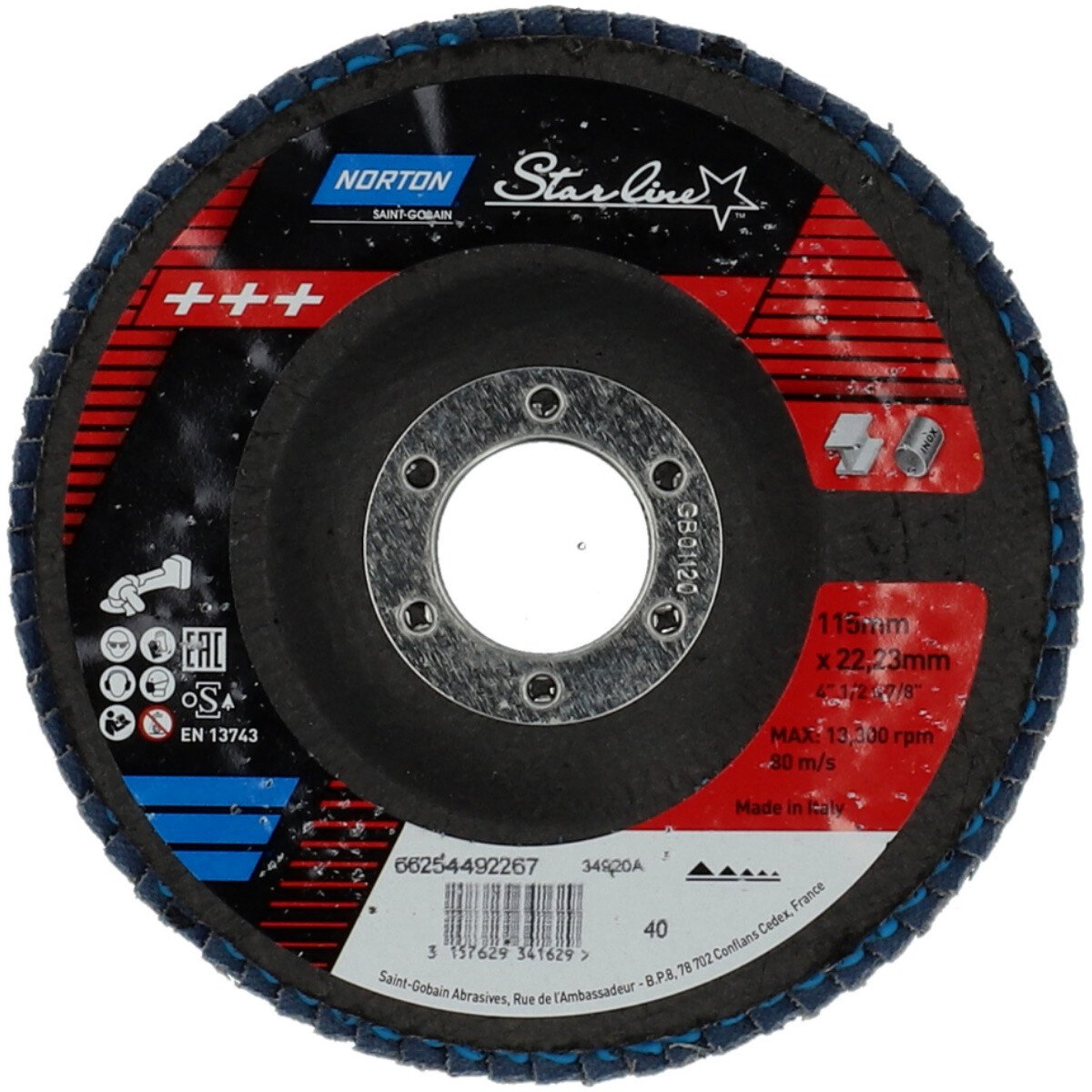 Norton 66254492267 Starline Flap Disc Blue Zirconium 115mm (Replaces Norton Neon)-40 Grit (Pack of 10)