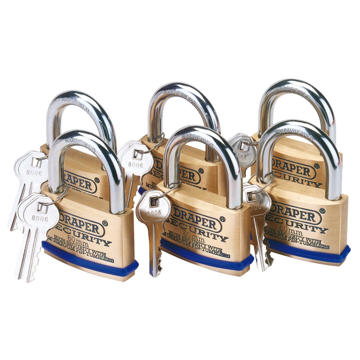 Draper 67663 8302/60/KA Pack of 6 x 60mm Solid Brass Padlocks with Hardened Steel Shackles