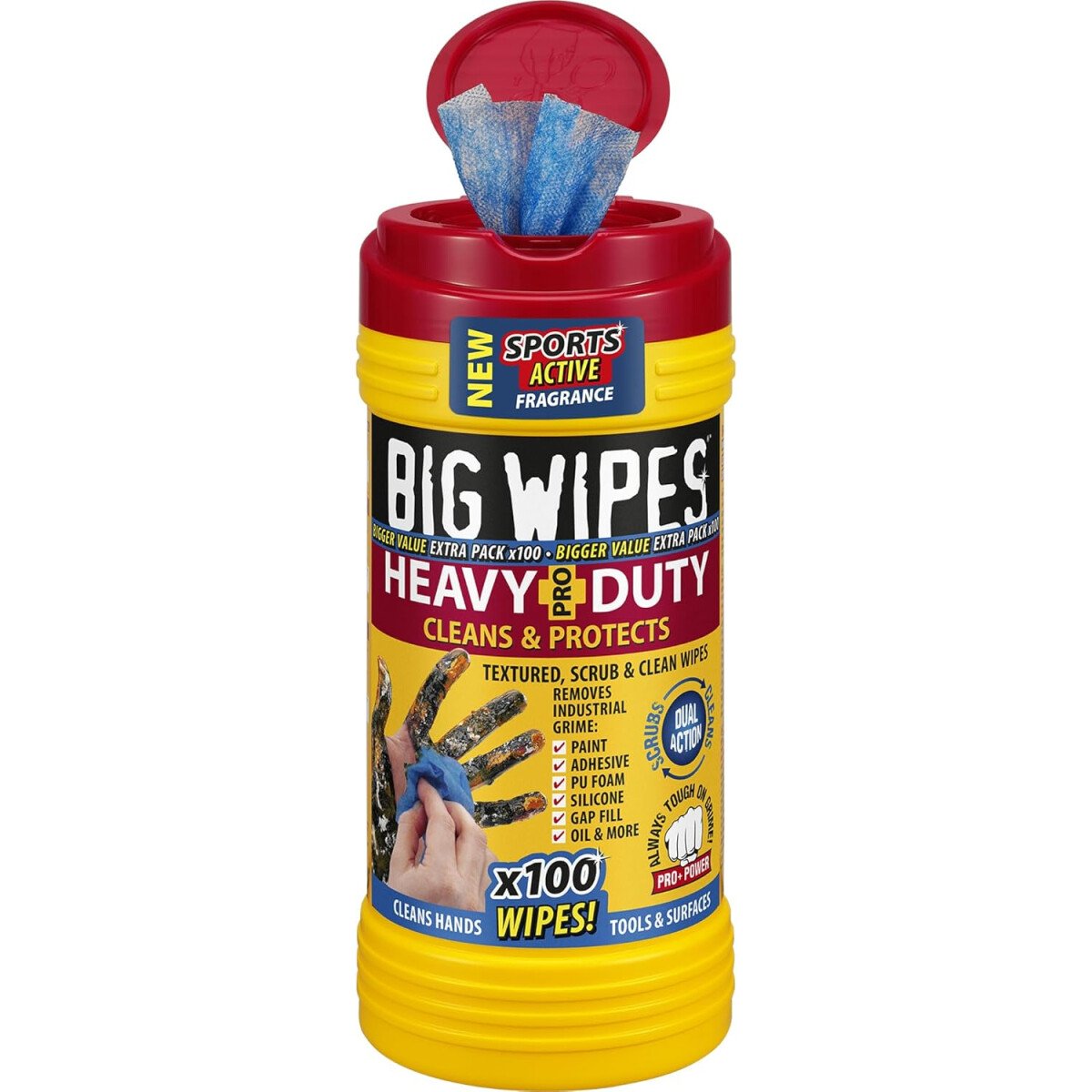 BIG WIPES BGW2420 Heavy Duty Pro+ Hand Wipes in Dispenser (Tub x 100) Textured Dual-Sided with Skincare
