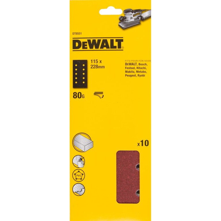 DeWalt DT8551-QZ 1/2 Sheet  "QUICK FIT" Sanding Sheets 80g 115mm x 228mm, 10 in Pack