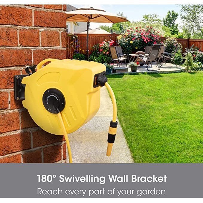 SLx 90077PI Pro Garden Hose Reel Wall Mounted, 20Mtr Auto Retractable Hosepipe Wall-Mounted on Reel or Portable 180° Swivel 2-in-1 Jet or Spray