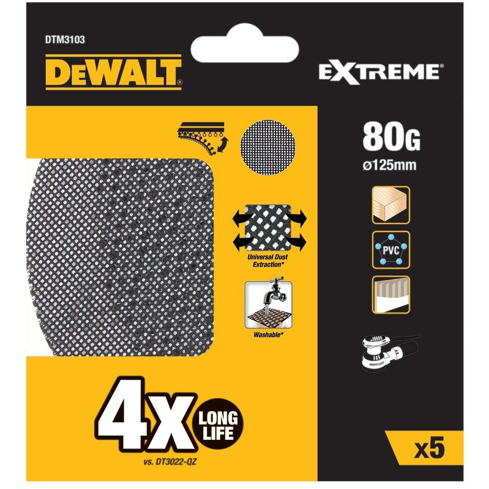 DeWalt DTM3113-QZ EXTREME Universal  Abrasive Mesh ROS Sheet 125mm Dia  80G Pack x 10