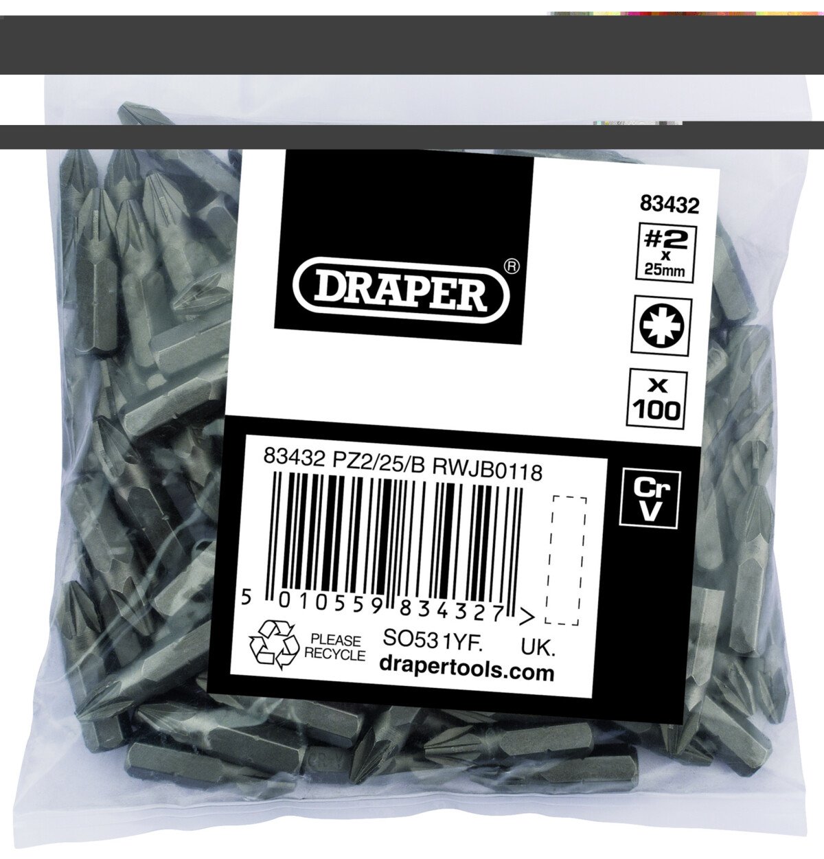 Draper 83432 PZ2/25/B No.2 PZ Type 1/4" Insert Bits (Bag of 100)