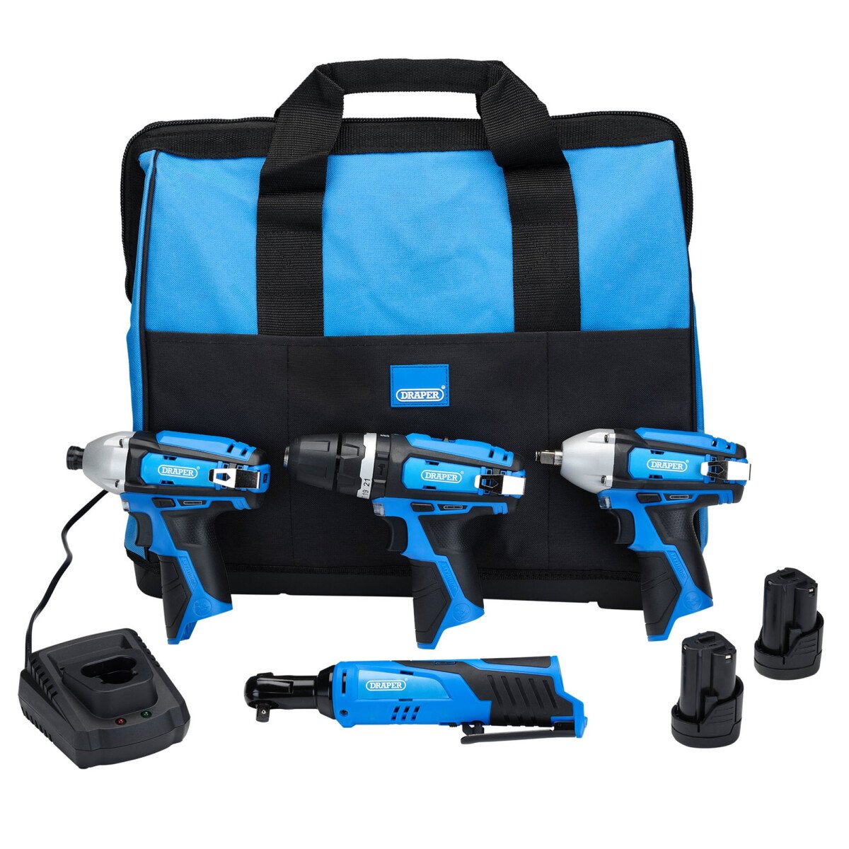 Draper 93446 PTKDP4 10.8 Storm Force® 10.8 V Power Interchange 4 Piece Kit (2x 1.5 Ah Batteries, Charger And Bag)