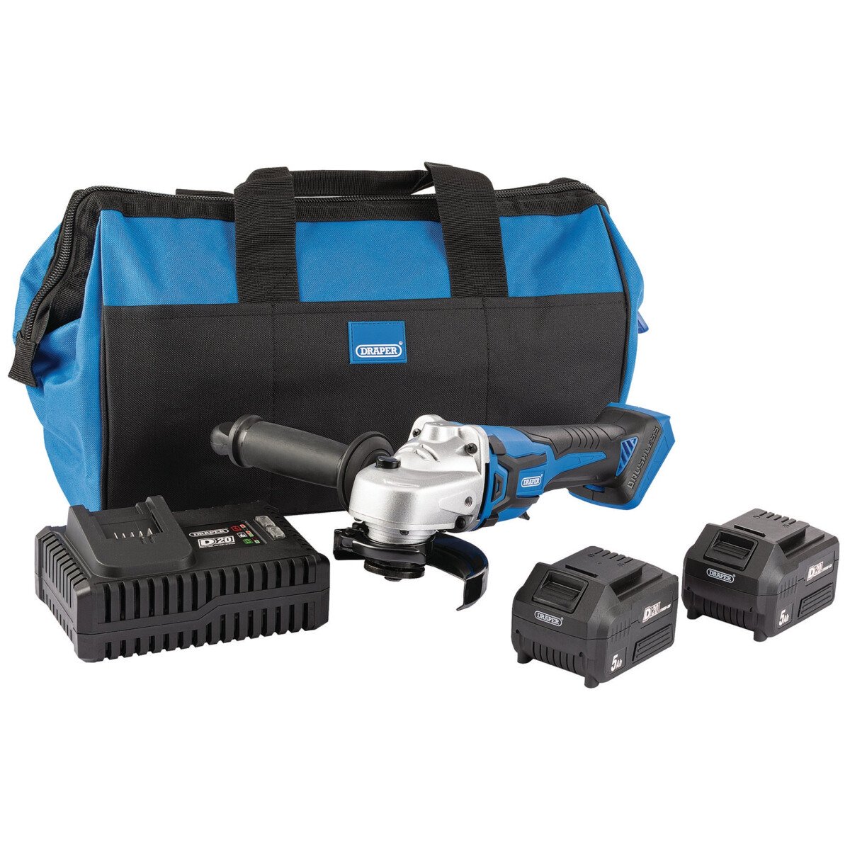 Draper 99730 PTKD20K2 D20 20 V 115mm Brushless Grinder Kit (+2 X 5 Ah Batteries, Charger And Bag)