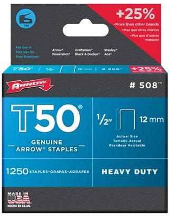 Arrow A50824 T50 12mm (1/2") Steel Staples (Pack of 1,250)