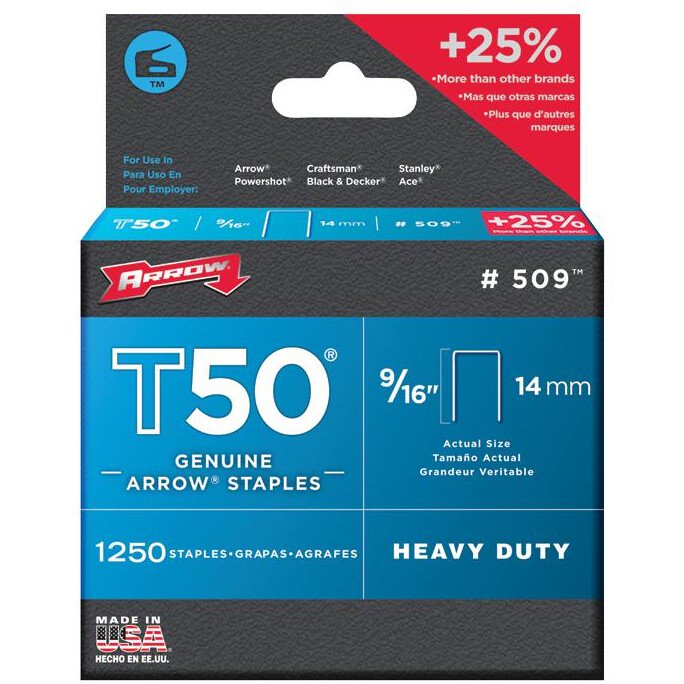 Arrow A50924 T50 14mm (9/16") Steel Staples (Pack of 1,250)