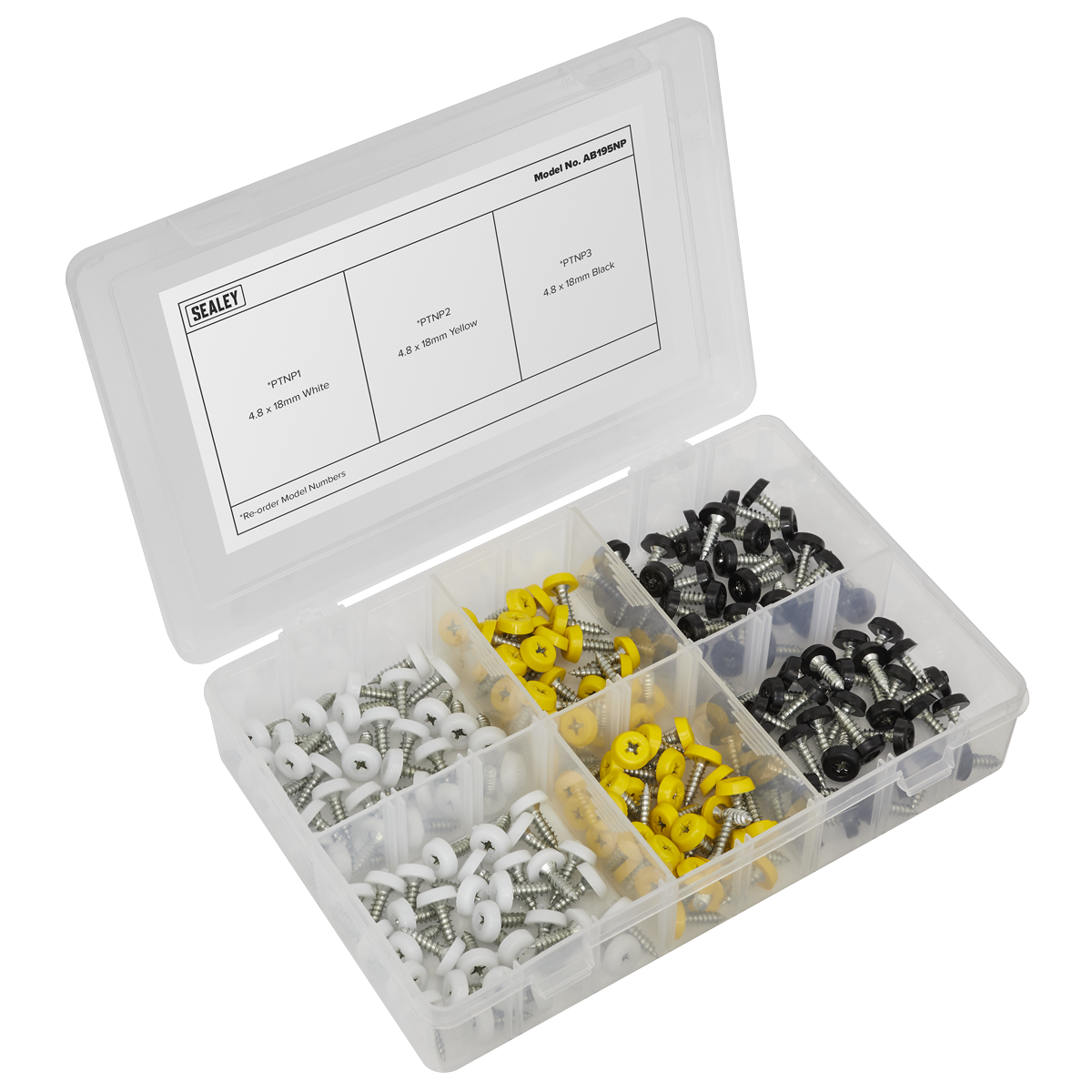 Sealey AB195NP Numberplate Screw Assortment 195pc 4.8mm x 18mm - Plastic Enclosed Head