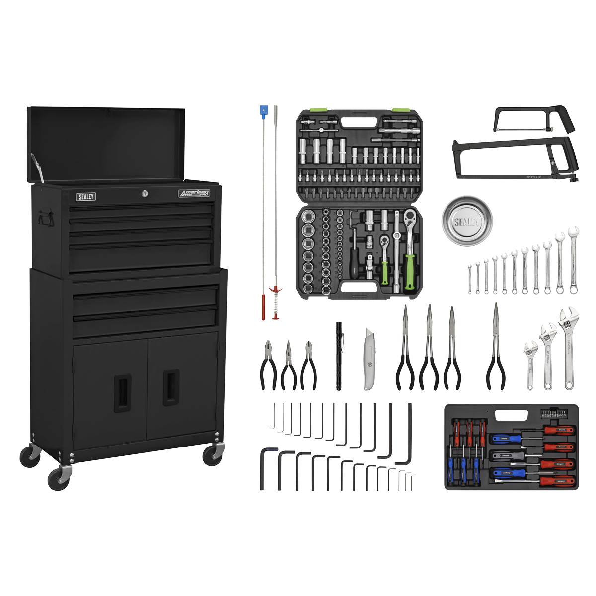 Sealey AP22BKCOMBO Topchest & Rollcab Combination 6 Drawer with Ball-Bearing Slides - Black & 170pc Tool Kit