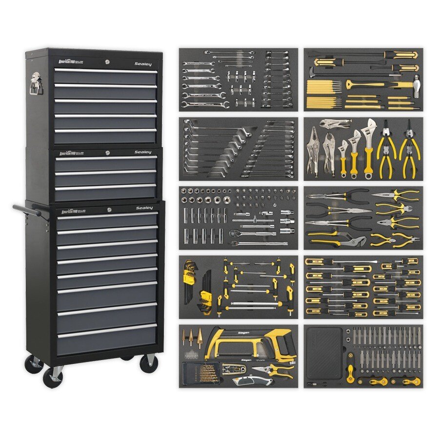 Sealey AP35TBCOMBO Tool Chest Combination 16 Drawer with Ball Bearing Slides - Black/Grey & 420pc Tool Kit