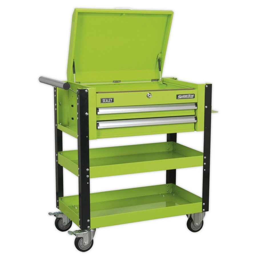 Sealey AP760MHV Heavy-Duty Mobile Tool & Parts Trolley 2 Drawers & Lockable Top - Hi-Vis Green