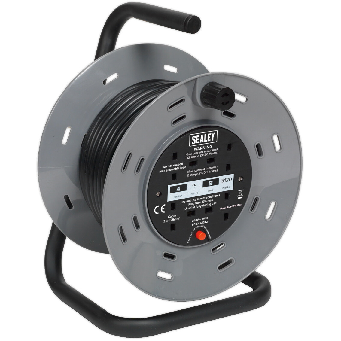 Sealey BCR153T Cable Reel 15mtr 4 x 230V Thermal Trip