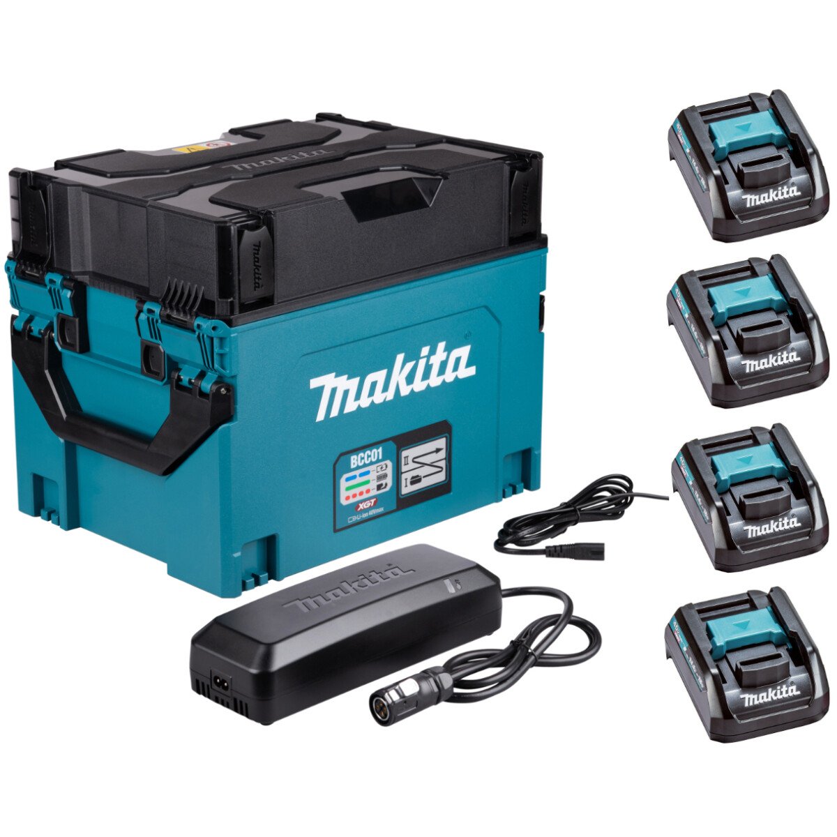 Makita BCC01 Battery Charging Case for XGT 40v and LXT 18v Batteries, 240v with 4x XGT to LXT Adaptors