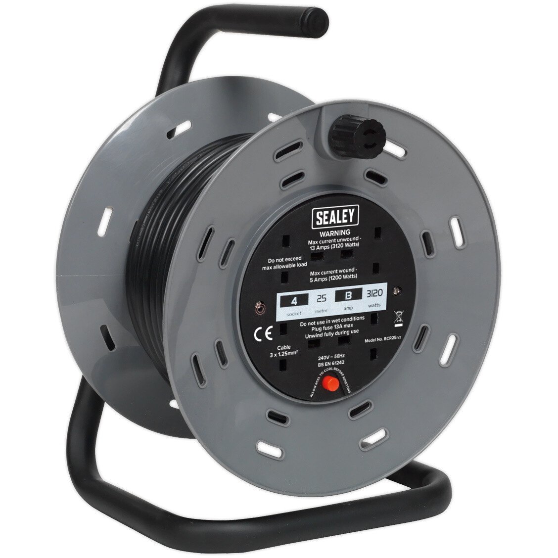 Sealey BCR25 Cable Reel 25m 4 x 230V 1.25mm² Thermal Trip