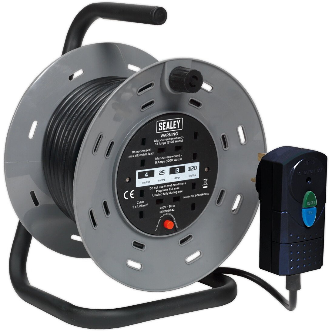 Sealey BCR25RCD Cable Reel 25m 4 x 230V 1.25mm² Thermal Trip with RCD Plug