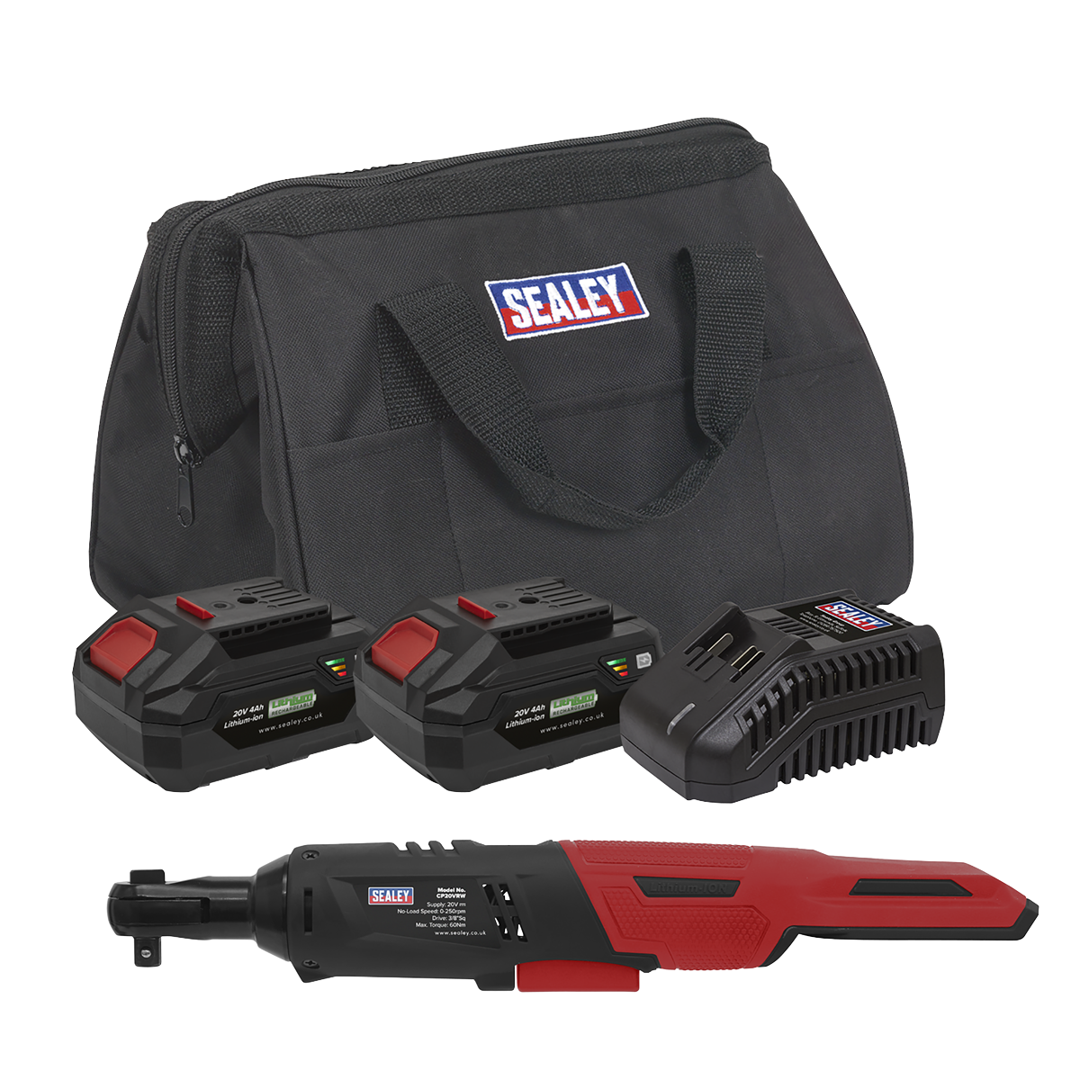 Sealey CP20VRWKIT Cordless Ratchet Wrench 3/8"Sq Drive Kit 20V 4Ah SV20 Series - 2 Batteries