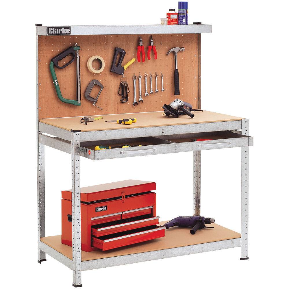 Clarke 7637707 CWB G1B Galvanised Workbench with Pegboard Back Panel Large Drawer from Lawson HIS