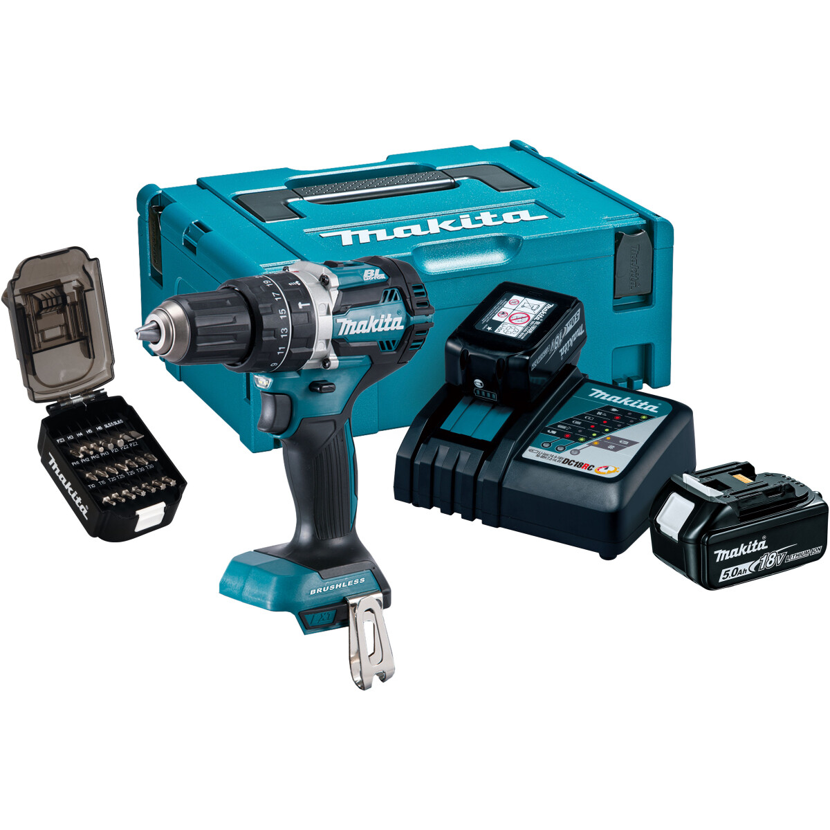Makita DHP484TJX9 18V 50th Anniversary Brushless Combi Drill with 2x 5.0Ah Batteries, Charger