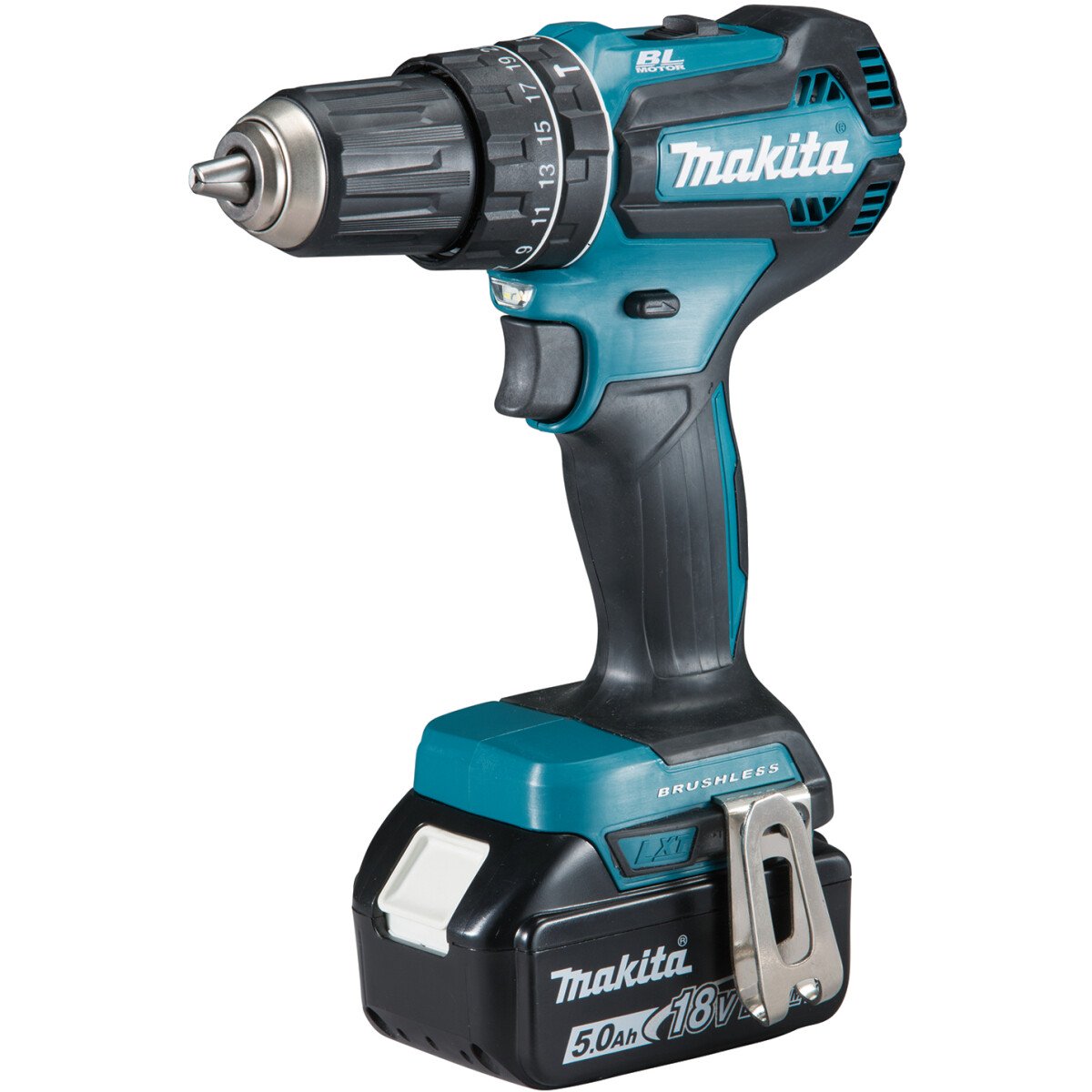 Makita DHP485TJX7 18V Brushless Combi Drill with 1x 5.0Ah Battery and 21Peice Driver Bit Set in Makpac Case