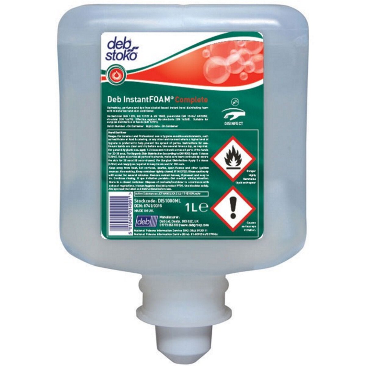 Deb DIS1000ML Alcohol-Based Foam Hand Sanitiser Cartridge (Pack of 6 x 1L)
