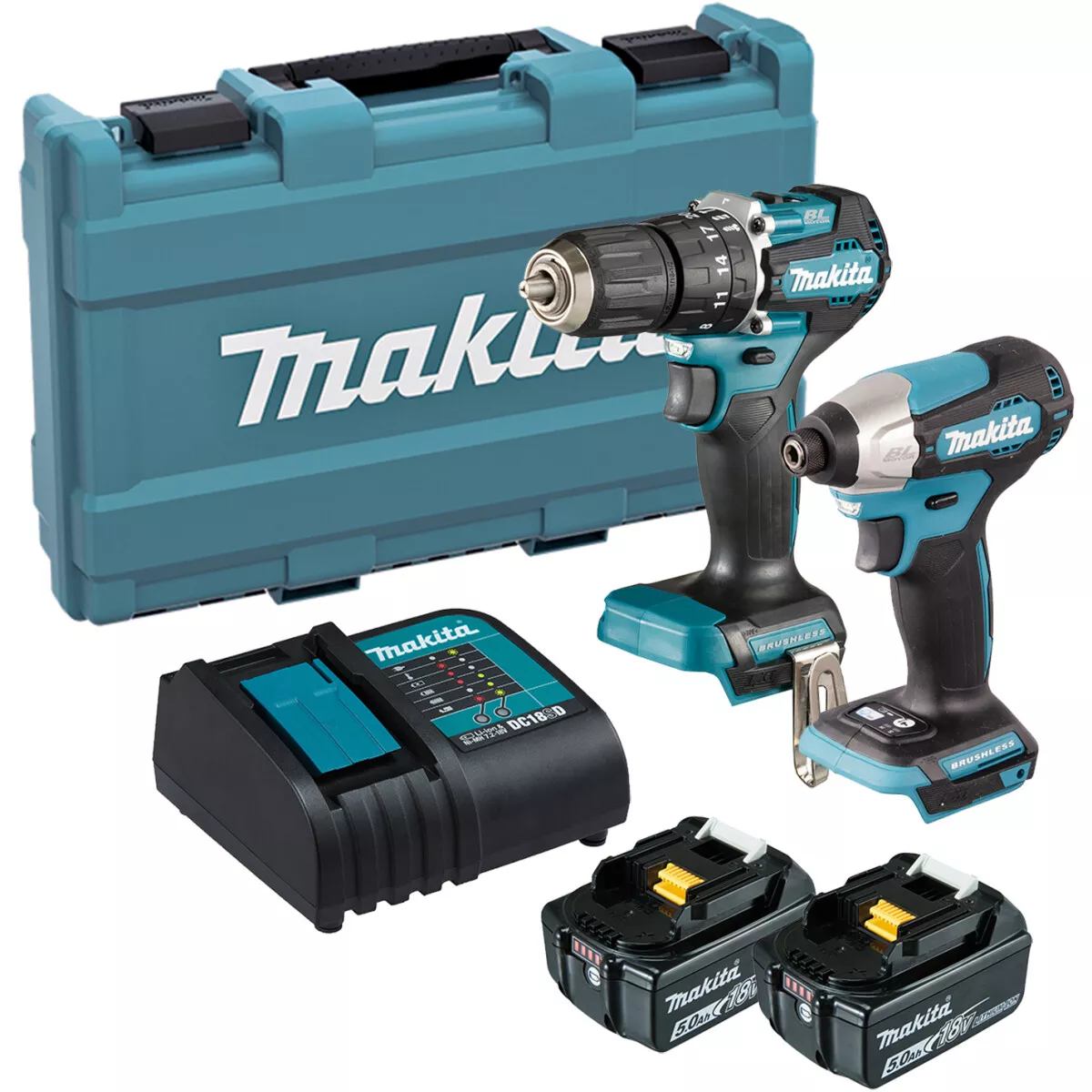 Makita DLX2414ST 18V LXT Brushless Twin Kit Combi Drill + Impact Driver with 2x 5.0ah Batteries and Charger in Carry Case