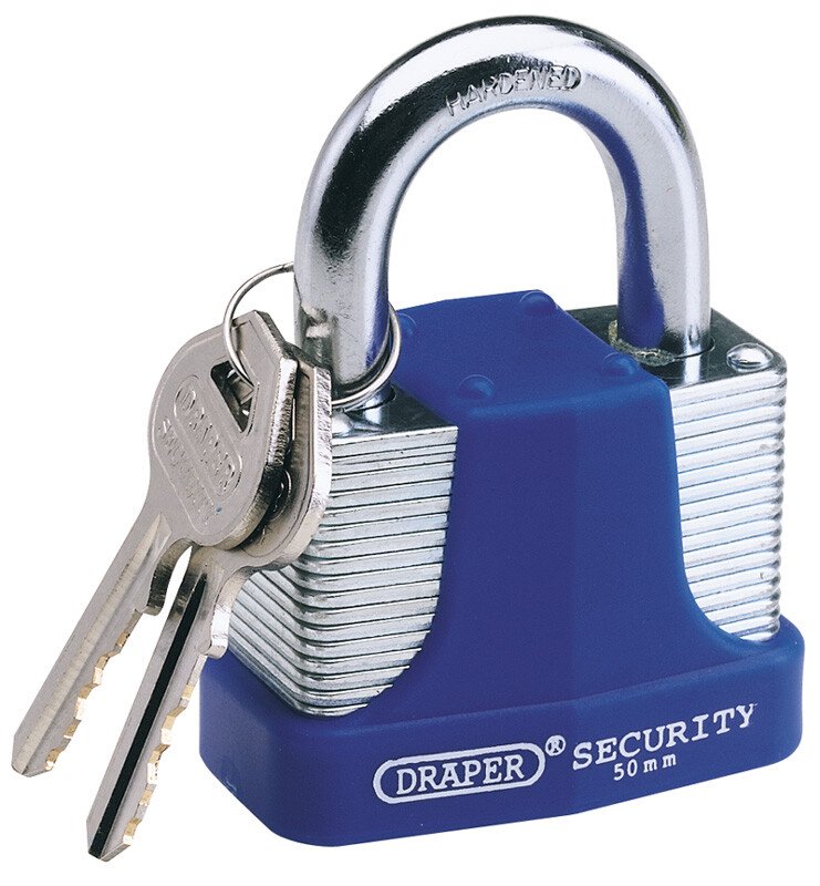Draper 64182 8308/50 50mm Laminated Steel Padlock and 2 Keys with Hardened Steel Shackle and Bumper