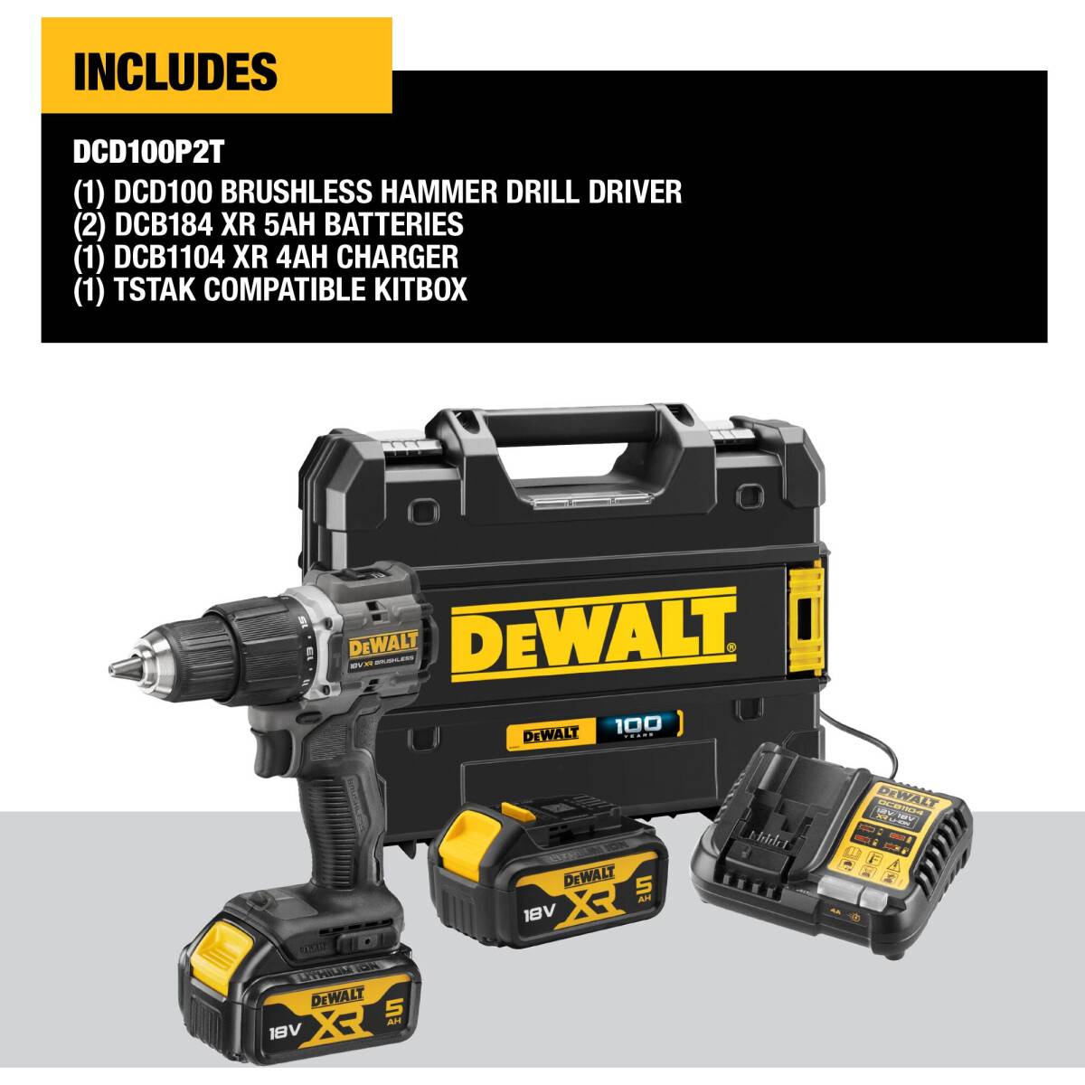 DeWalt DCD100P2T GB 100th Anniversary 18v Combi Drill with 2x 5.0Ah Batteries and Charger in T Stak Case from Lawson HIS