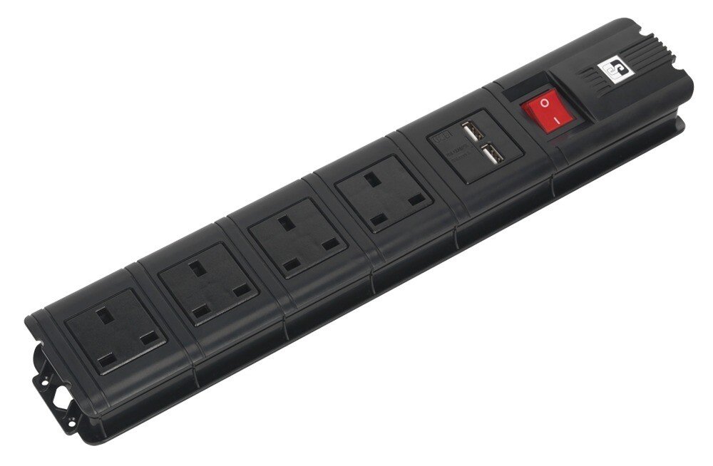 Sealey EL34USBB Extension Cable 3mtr 4 x 230V + 2 x USB Sockets - Black