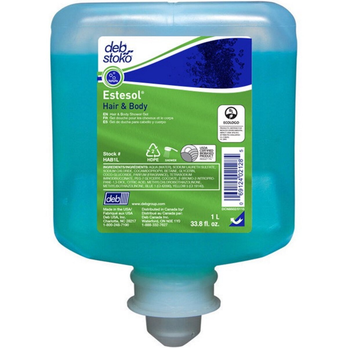 Deb HAB1L Estesol® Universal Hair and Body Shower Gel Refill Cartridge Carton of 6 x 1L