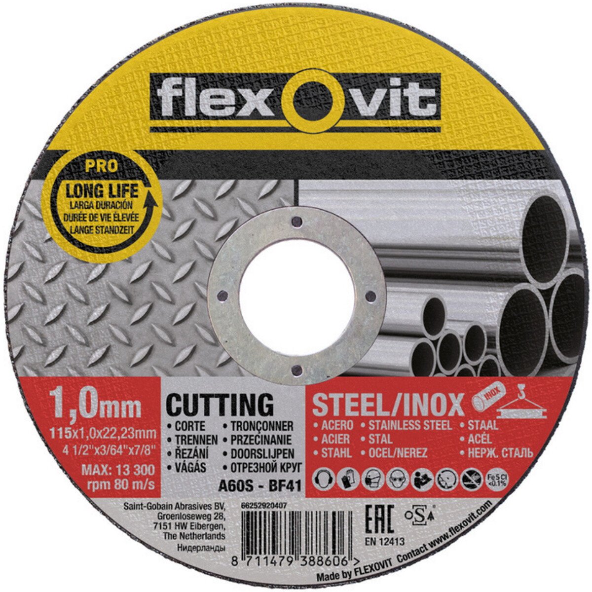 Flexovit 66252920407 A 60 S-BF41 Pro Inox Long Life Flat Metal Cutting Wheel 115 x 1.0 x 22.2mm (Each)