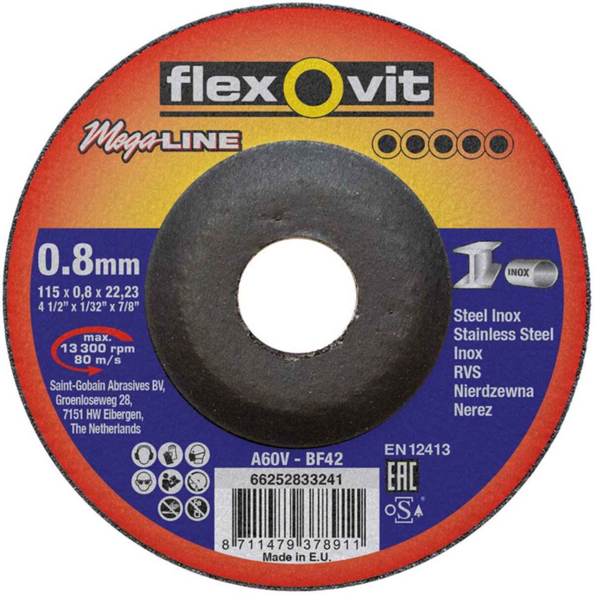 Flexovit 66252833241 MegaLine Depressed Centre Ultra Thin DPC 115mm x 0.8mm Cutting Disc