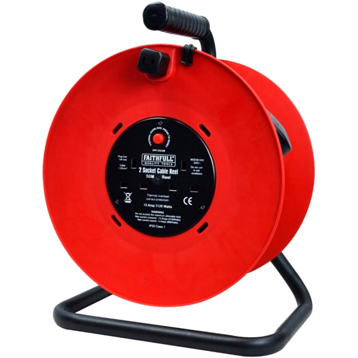 Faithfull FPPCR50M Open Drum Cable Reel 240V 13A 2-Socket 50m