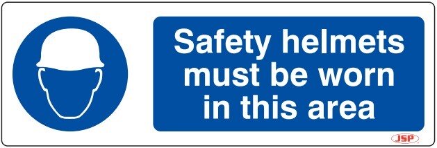JSP HBJ081-000-000 Rigid Plastic "Safety Helmets Must Be Worn In This Area" Safety Sign 600x200mm