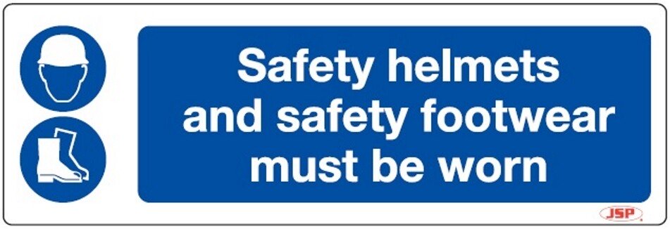 JSP HBJ091-000-000 Rigid Plastic "Safety Helmets and Safety Footwear Must Be Worn" Safety Sign 600x200mm