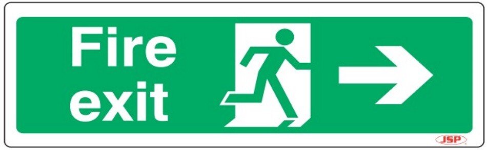 JSP 104 Rigid Plastic "Fire Exit" Arrow Right +Running Man Safety Sign 600x200mm