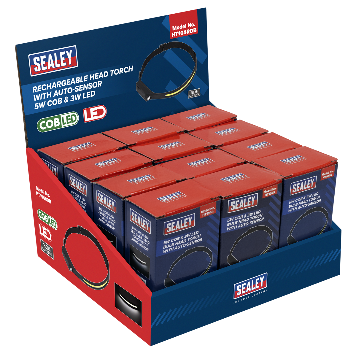 Sealey HT104RDB Rechargeable Head Torch with Auto-Sensor 5W COB & 3W LED - Display Box of 12