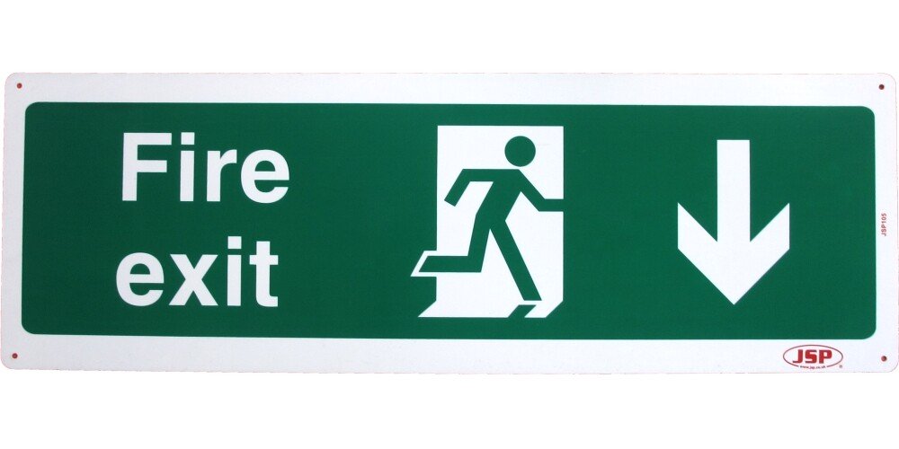 JSP 105 Rigid Plastic "Fire Exit" Arrow Down +Running Man Safety Sign 600x200mm