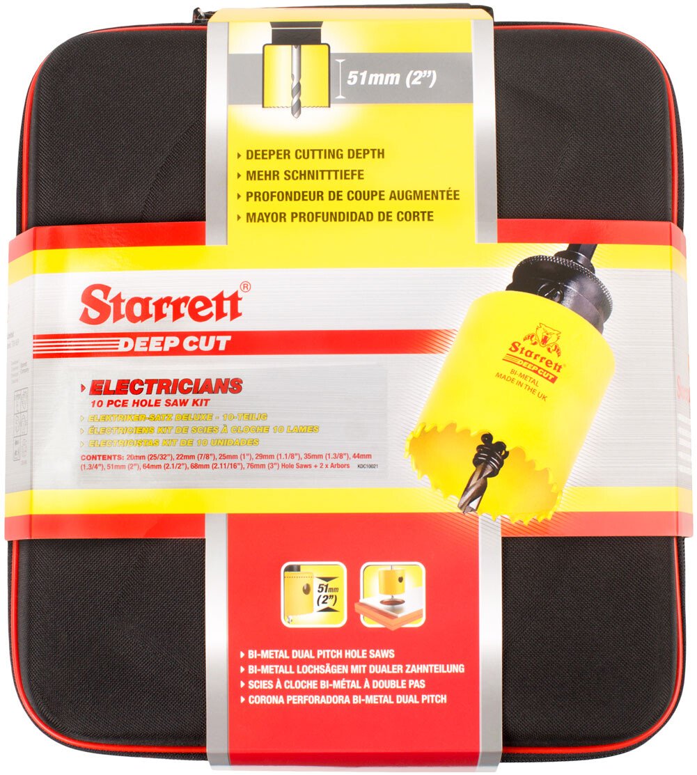 Starrett KDC10021 10 Piece Deluxe Electricians Deep Cut Bi-Metal Holesaw Kit