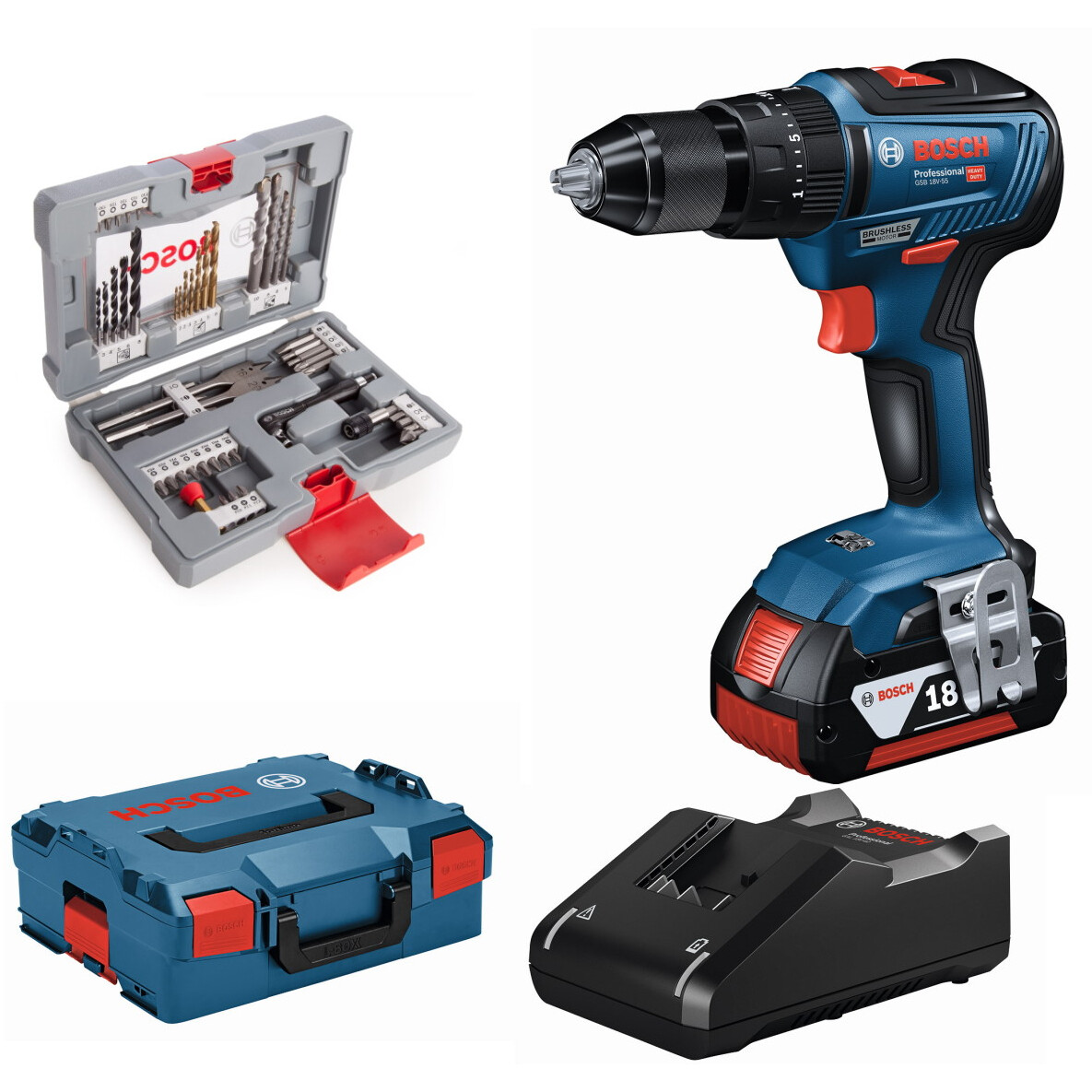 Bosch GSB18V-55 18V Brushless 2-Speed Combi Drill with 1x 2.0Ah Battery in Carry Case with 49 Piece Accessory Set