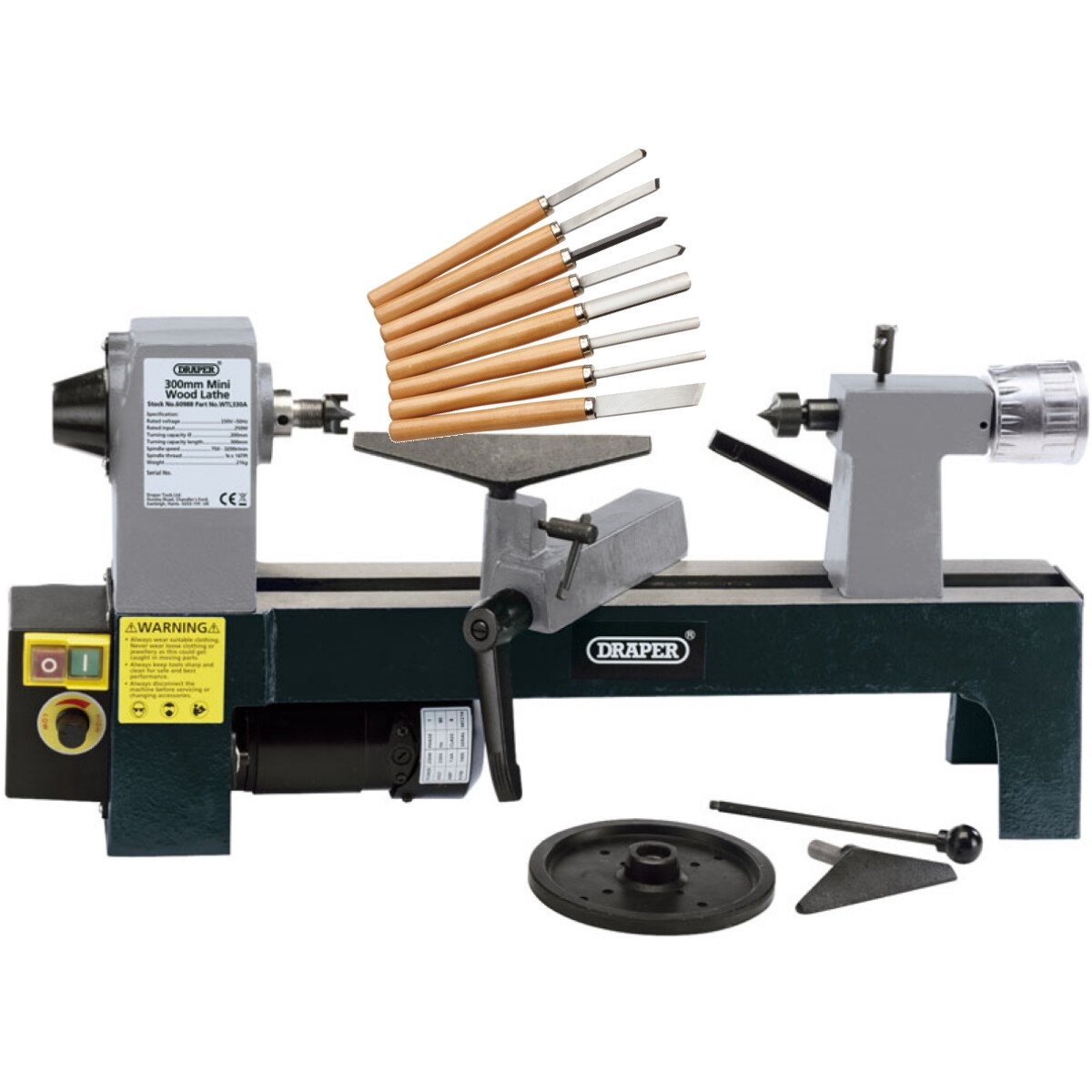 Draper 60988 + Chisel Set 8pc WTL330A 250W 230V Variable Speed Mini Wood Lathe