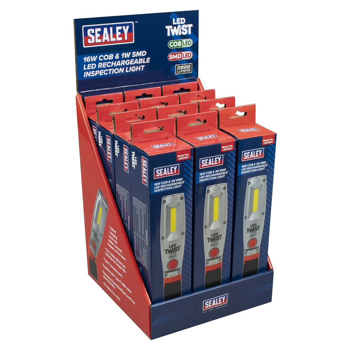 Sealey LED2001DB LED Twist Rechargeable Inspection Light 16W COB & 1W SMD LED - Display Box of 12
